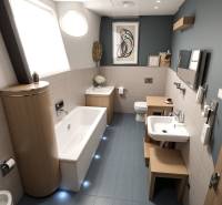 Badezimmer in einem Einfamilienhaus mit Waschbecken, Badewanne und WC. Boden mit Holzdekor.