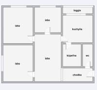 Grundriss einer 4-Zimmer-Wohnung mit Loggia, Flur, Küche und Badezimmer.