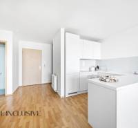 Küche in einer 2-Zimmer-Wohnung mit weißen Schränken und einem Boden in Holzoptik.