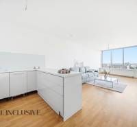 Helle Küche mit Wohnzimmer, Holzboden, Sofa, große Fenster.