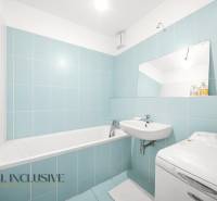 Badezimmer in einer 2-Zimmer-Wohnung mit blauen Fliesen, Badewanne und Waschmaschine.