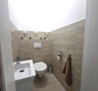 Kompakte Toilette in einem Einfamilienhaus mit Holzboden-Dekor, dekorative Details.