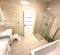 Ein Badezimmer in einem Einfamilienhaus mit Badewanne, Dusche und Doppelwaschbecken.