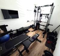 Heim-Fitnessstudio mit verschiedenen Trainingsgeräten und Bodenbelag in Holzoptik.