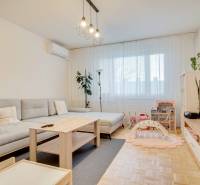 Helles Wohnzimmer in einer 3-Zimmer-Wohnung mit Holzboden und grauem Sofa.