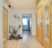 Ein Flur mit hellem Holzdekor und einem Kinderwagen in einer 3-Zimmer-Wohnung.