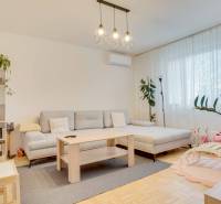 Helles Wohnzimmer mit Sofa und Holzboden in einer 3-Zimmer-Wohnung.