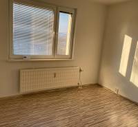 Ein Zimmer mit Fenster, Jalousien, Heizkörper und einem Boden mit Holzdekor in einer 3-Zimmer-Wohnung.