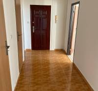 Der Flur in der 3-Zimmer-Wohnung mit einem Boden in Holzoptik und Holztüren.