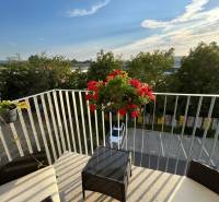 Balkon einer 3-Zimmer-Wohnung mit Blick auf die Odevná-Straße in Trenčín mit Blumen und Gartenmöbeln.