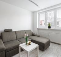 Helles Wohnzimmer in einer Zweizimmerwohnung mit Sofa, Tisch und großen Fenstern.