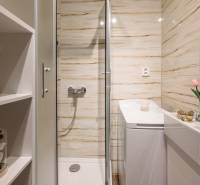 Badezimmer mit Blumen, Duschkabine, Waschbecken und Spiegel in einer Zweizimmerwohnung.