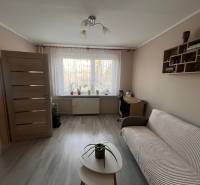 Wohnzimmer in einer 3-Zimmer-Wohnung mit Holzboden, Sofa und Couchtisch.