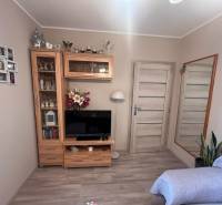 Ein Zimmer mit Fernseher, Spiegel, Holzmöbeln und Sofa in einer 3-Zimmer-Wohnung.