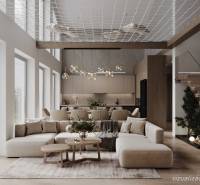 Elegantes Wohnzimmer in der Hütte mit Holzboden und modernen Möbeln.