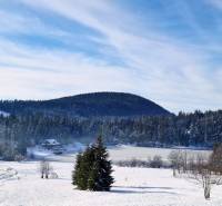 Verschneite Landschaft in Dolná Lehota mit einer Hütte und Wald im Hintergrund.