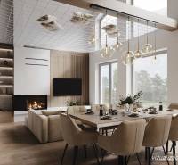 Innenraum einer Hütte mit Esstisch, Kamin und Boden in Holzoptik, beleuchtet von Kronleuchtern.