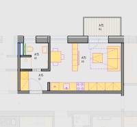 Grundriss des Einzimmerapartments in der Bodona-Straße, abgebildetes Interieur und Raumaufteilung.