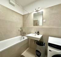 Badezimmer in einer 2-Zimmer-Wohnung mit Badewanne, Waschbecken und Waschmaschine.