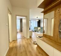 Der Flur in der 2-Zimmer-Wohnung mit einem Boden in Holzoptik und Einbaumöbeln.