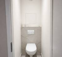 Toilette mit hängender Schüssel und einfach gestalteten Fliesen in einer 2-Zimmer-Wohnung.