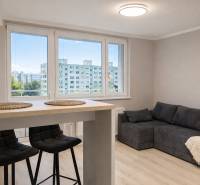 Obývací Zimmer in einer Zweizimmerwohnung mit Sofa, Bartisch und Stühlen.