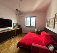 Ein Schlafzimmer in einem Einfamilienhaus mit einem roten Sofa, Kunstwerken und einem Boden in Holzoptik.