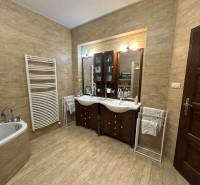 Badezimmer in einem Einfamilienhaus mit Holzboden und zwei Waschbecken.