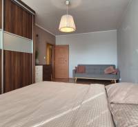 Schlafzimmer in einer 2-Zimmer-Wohnung mit Sofa, Kleiderschrank und Holzboden.