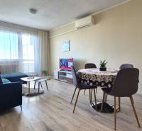 Wohnzimmer in einer Zweizimmerwohnung mit Holzboden, Sofa und Esstisch.