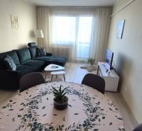 Wohnzimmer mit dunklem Sofa, Esstisch und Holzboden in einer Zweizimmerwohnung.