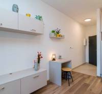 Innenraum einer Einzimmerwohnung mit hellen Möbeln und einem Boden in Holzoptik.