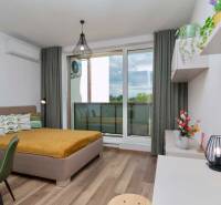 1-Zimmer-Wohnung mit Holzboden, moderner Beleuchtung und Blick auf die Terrasse.