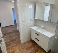 Ein Badezimmer in einem Einfamilienhaus mit einem Boden in Holzoptik und einer Duschkabine.