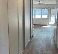 Flur in einem Einfamilienhaus mit Holzboden, großen Fenstern, Einbauschränken.