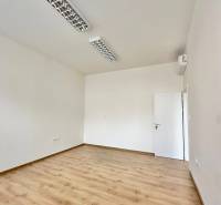 Büros mit Holzboden und weißen Wänden, Deckenleuchten.