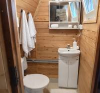 Badezimmer in einer Hütte mit Holzdekor an den Wänden und Grundausstattung.