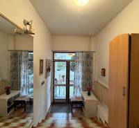 Innenraum eines Einfamilienhauses mit Spiegel, Schrank, Fliesen und Blick auf den Garten.