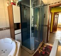 Badezimmer mit Badewanne und Dusche im Einfamilienhaus.