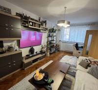 Wohnzimmer in einer 3-Zimmer-Wohnung mit einem bequemen Sofa und einem Boden in Holzoptik.
