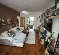 Wohnzimmer mit Sofa, Tisch und Boden in Holzoptik in einer 3-Zimmer-Wohnung.