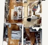 3D-Grundriss einer 3-Zimmer-Wohnung mit Holzboden und Möbeln.