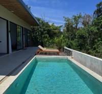 Ein Einfamilienhaus in Amed mit einem Pool und einer Terrasse mit Liegestühlen, umgeben von Grün.