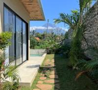 Der Garten des Einfamilienhauses in Amede mit einem Pool, einem Steinweg und Palmen.