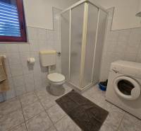 Badezimmer mit Dusche, Waschmaschine und Toilette, Besondere Immobilien.