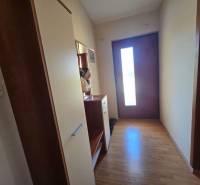 Der Flur mit einem Schrank und einer Eingangstür, Boden mit Holzdekor. Besondere Immobilien.