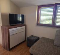 Ein Interieur mit einem Sofa, einem Fernseher auf einem Schrank und einem Boden mit Holzdekor. Besondere Immobilien.