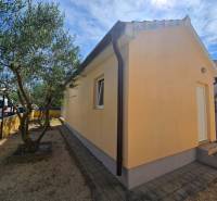 Das gelbe Haus mit Treppen und Bäumen im Garten in der Mulo-Straße in der Stadt Vrsi.