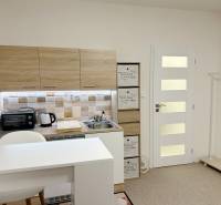 Einzimmerwohnung mit heller Küchenzeile, weißem Bartresen und Boden in Holzoptik.