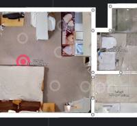 Grundriss eines Einzimmerapartments mit Teppichen und Maßen, einschließlich Badezimmer und Küchenzeile.